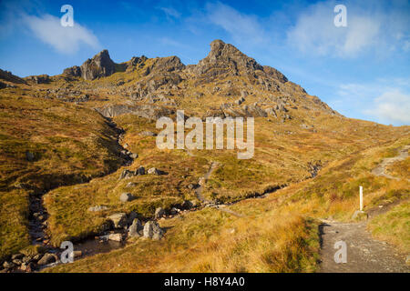 Looking up towards the The Cobbler mountain in the Arrochar Alps, Scotland Stock Photo