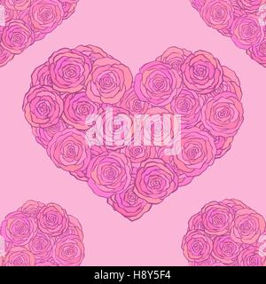 Hand drawn doodle seamless pattern, hearts made of roses on pink background Stock Vector