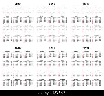 Simple editable vector calendars for year 2017 2018 2019 2020 2021 2022 sundays in red first Stock Vector