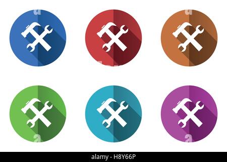 Tools vector icons set. Flat design round web buttons. Colorful circle pushbuttons. Stock Vector
