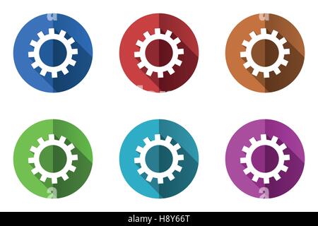 Gear vector icons set. Flat design round web buttons. Colorful circle pushbuttons. Stock Vector