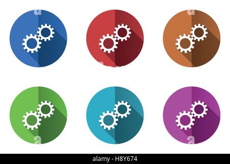 Gears  vector icons set. Flat design round web buttons. Colorful circle pushbuttons. Stock Vector
