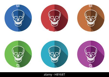 Skull vector icons. Flat design round set of web buttons. Stock Vector