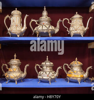 Silver tea pots in a shop in Morocco. Old craftsmanship can be found all over Fes