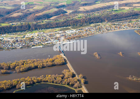 Aerial photograph of Guttenberg, Iowa and Lock & Dam Number 10 on the MIssissippi River. Stock Photo