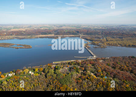 Aerial view of the Mississippi River and Lock & Dam number 11, north of Dubuque, Iowa, with Wisconsin in the background. Stock Photo