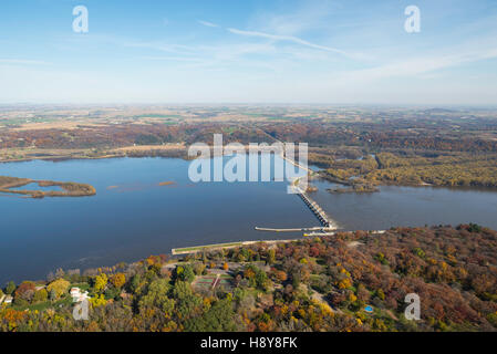 Aerial view of the Mississippi River and Lock & Dam number 11, north of Dubuque, Iowa, with Wisconsin in the background. Stock Photo