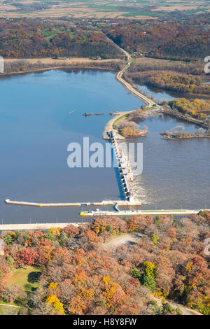 Aerial view of the Mississippi River and Lock & Dam number 11, north of Dubuque, Iowa, with Wisconsin in the background. Stock Photo