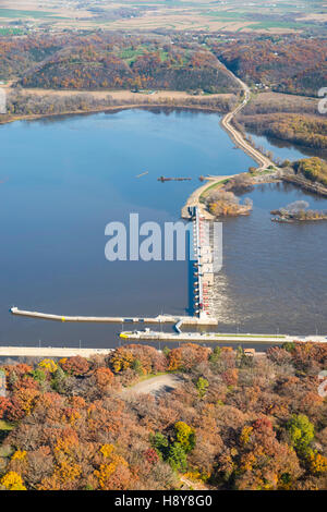 Aerial view of the Mississippi River and Lock & Dam number 11, north of Dubuque, Iowa, with Wisconsin in the background. Stock Photo