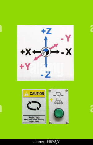 X Y Z axis arrows Board on Industrial Machine with Start Button Stock Photo