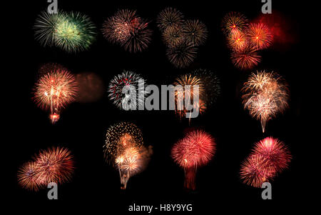 Collage of a variety of colorful fireworks isolated on black background Stock Photo