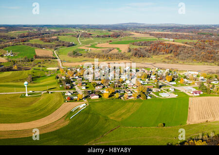 Aerial photograph of Hollandale, Wisconsin and rural Wisconsin, with Blue Mound State Park on the horizon. Stock Photo