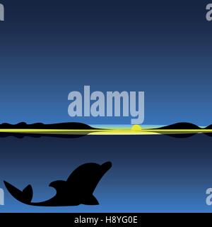 Dolphin sea animal night landscape. Art vector illustration. Stock Vector