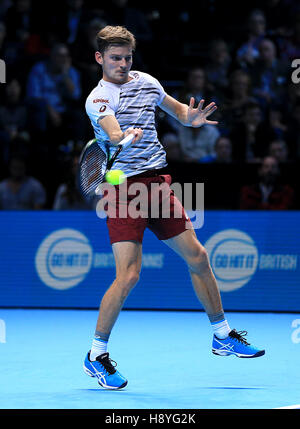 David Goffin in action against Novak Djokovic during day five of the Barclays ATP World Tour Finals at The O2, London. PRESS ASSOCIATION Photo. Picture date: Thursday November 17, 2016. See PA story TENNIS London. Photo credit should read: Jonathan Brady/PA Wire.