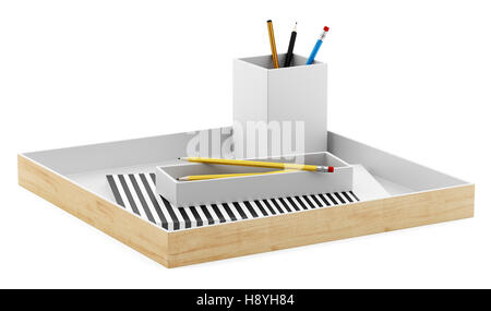 brown desk organizer with office supplies isolated on white background Stock Photo
