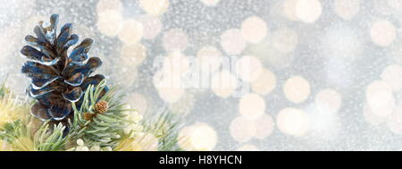 Pinecones and fir tree on sparkling background wide banner Stock Photo