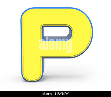 3d rendering cute yellow  letter P isolated white background, toylike alphabet for design, yellow word with blue frame Stock Photo
