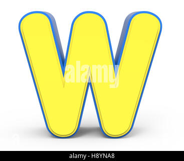 3d rendering cute yellow  letter W isolated white background, toylike alphabet for design, yellow word with blue frame Stock Photo