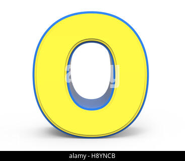 3d rendering cute yellow number 0 isolated white background, toylike alphabet for design, yellow word with blue frame Stock Photo