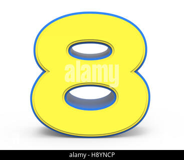 3d rendering cute yellow number 8 isolated white background, toylike alphabet for design, yellow word with blue frame Stock Photo