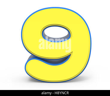 3d rendering cute yellow number 9 isolated white background, toylike alphabet for design, yellow word with blue frame Stock Photo