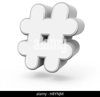 right tilt white hashtag mark, 3D rendering graphic isolated on white background Stock Photo