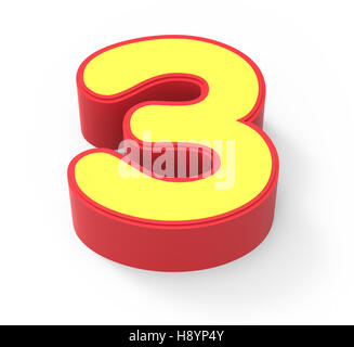 red framed yellow number 3, 3D rendering graphic isolated on white background, top view Stock Photo