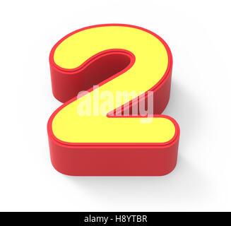 red framed yellow number 2, 3D rendering graphic isolated on white background, top view Stock Photo