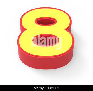 red framed yellow number 8, 3D rendering graphic isolated on white background, top view Stock Photo