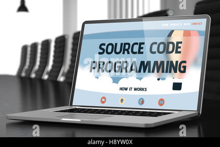 Source Code Programming on Laptop in Conference Hall. 3D. Stock Photo