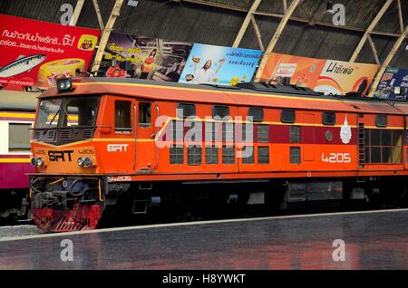 Thai railways diesel electric locomotive parked at Hua Lamphong Bangkok train station Thailand Stock Photo