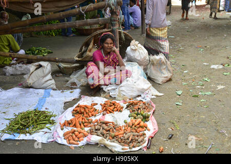 Dhaka, Bangladesh. 17th November 2016. A Bangladeshi Woman vegetable vendors wait for customer at Karwan Bazar kitchen market in Dhaka, Bangladesh.  Karwan Bazar is one of the largest wholesale Kitchen marketplaces in Dhaka city. It is also one of the largest Kitchen marketplaces in South Asia. As of 2002, the market had 1255 stores, out of which 55 were owned by the Dhaka City Corporation. In 2002, the wholesale market has a daily revenue of 50 million Bangladeshi taka. © Mamunur Rashid/Alamy Live News Stock Photo