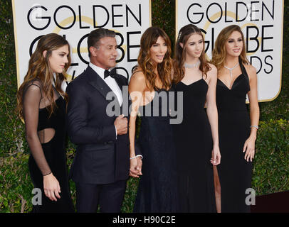 Los Angeles, USA. 08th Jan, 2017. Sylvester Stallone (2nd L), model Jennifer Flavin (C), and (L-R) 2017 Miss Golden Globe Sistine Stallon, Scarlet Stallone and Sophia Stallone arriving at the 74th Annual Golden Globe Awards at the Beverly Hilton in Los Angeles. January 08, 2017 © Gamma-USA/Alamy Live News Stock Photo