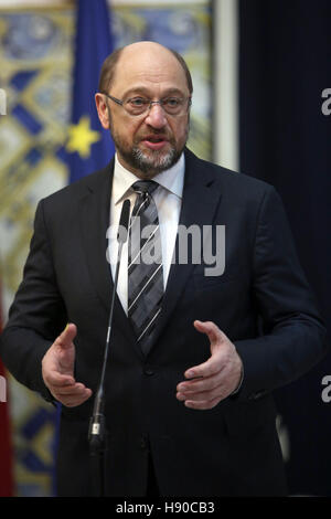 Lisbon, Portugal. 10th Jan, 2017. European Parliament President Martin Schulz addresses the press after an audience with Portugal's President Marcelo Rebelo de Sousa at the Belem Palace in Lisbon, Portugal on January 10, 2017. Photo: Pedro Fiuza © Pedro Fiuza/ZUMA Wire/Alamy Live News Stock Photo