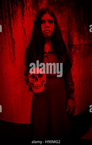 Project witch,Ghost women with human skull,Scary background for halloween concept and book cover ideas Stock Photo