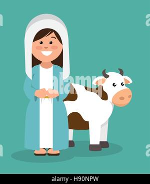 cute virgin mary and cow vector illustration eps 10 Stock Vector