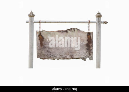 Aged wooden board with blank space hanging on white bar and poles by old chain isolated on white background. Stock Photo