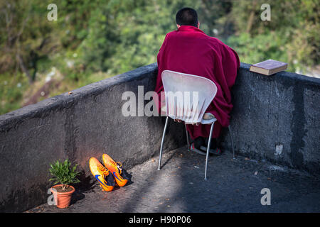 A young monk resting, McLeod Ganj, Dharamsala, Himachal Pradesh, India Stock Photo