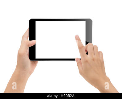 close-up hand using tablet isolated on white clipping path inside, mock-up digital black tablet Stock Photo