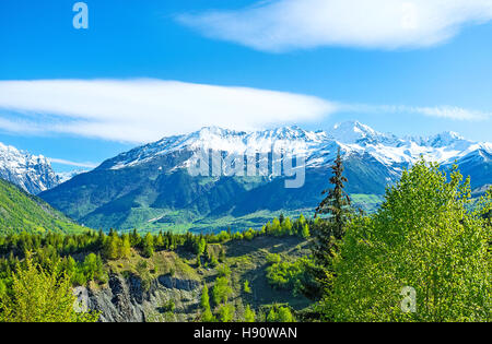 The scenic snowy peaks of Latsga and Gistola mountains of Great Caucasus,  Samegrelo-Zemo Svaneti, Georgia. Stock Photo