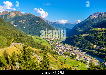 View of Airolo village from the Gotthard Pass, Switzerland Stock Photo