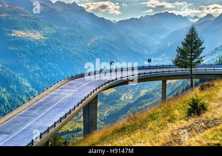 Serpentine road to the St. Gotthard Pass in the Swiss Alps Stock Photo