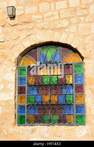 Colored glass window in Safed, Israel Stock Photo