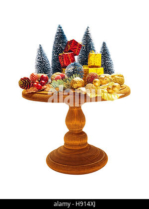 Christmas composition on cake stand isolated on white Stock Photo
