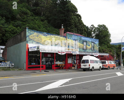 Mussel shops in Havelock, South Island, New Zealand Stock Photo