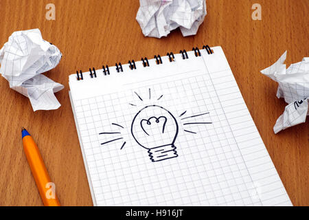 Light bulb drawn on white note pad with ballpoint pen and crumpled paper balls. Stock Photo