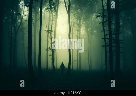 scary forest landscape with man on dark path Stock Photo