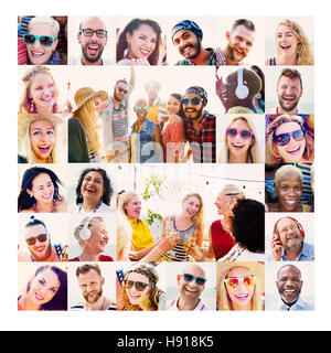 Collage Diverse Faces Summer Beach People Concept Stock Photo