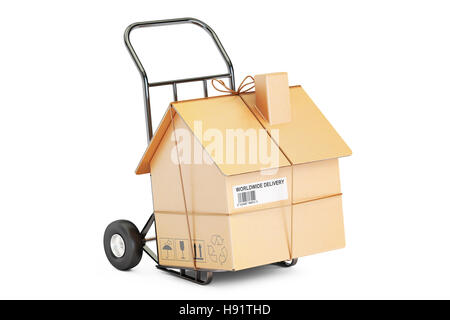 Household moving services concept. Hand truck with cardboard house parcel, 3D rendering Stock Photo