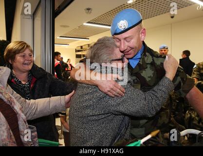 Private Thomas Carew is greeted by his grandmother Esther at Dublin airport, as the 53 Infantry Group return to Ireland following a six month deployment to the United Nations Interim Force in Lebanon. Stock Photo